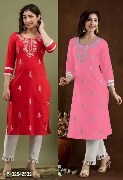 Elegant Cotton Blend Embroidered Kurta For Women- Pack Of 2-thumb0