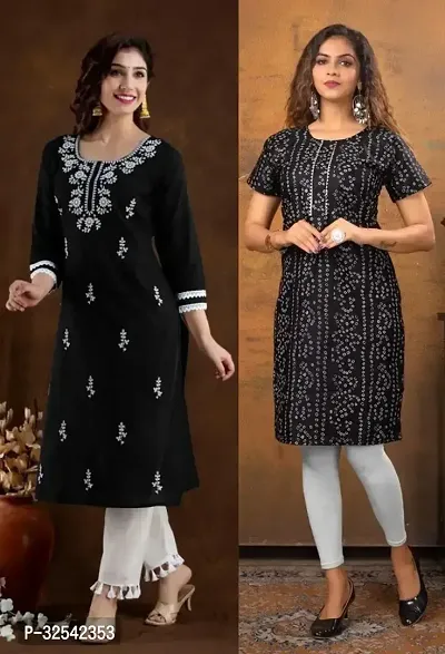 Elegant Cotton Blend Embroidered Kurta For Women- Pack Of 2