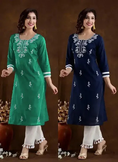 Stylish Cotton Blend Straight Embroidered Kurtis - Pack Of 2