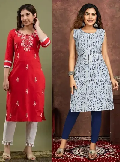 Stylish Cotton Blend Embroidered A-Line Kurtis - Pack Of 2