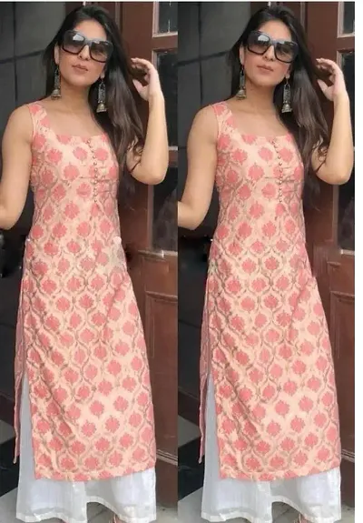 Stylish Rayon Slub Printed A-Line Kurtis with Bottom Set