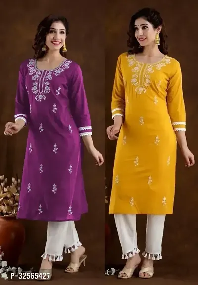 Stylish Multicoloured Cotton Blend Embroidered Kurta For Women Pack Of 2-thumb0