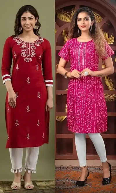 Stylish Cotton Blend Straight Embroidered Kurtis - Pack Of 2