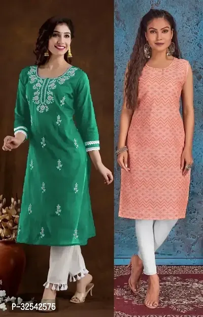 Elegant Cotton Blend Embroidered Kurta For Women- Pack Of 2-thumb0