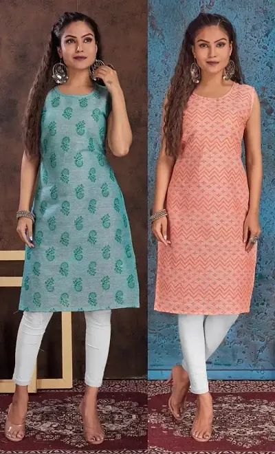 Stylish Cotton Blend Printed Straight Kurtis - Pack Of 2