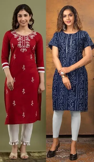 Stylish Cotton Blend Embroidered Straight Kurtis - Pack Of 2