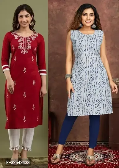 Elegant Cotton Blend Embroidered Kurta For Women- Pack Of 2