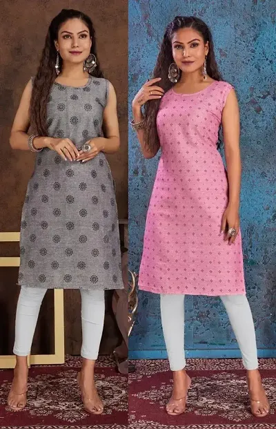 Stylish Cotton Blend Printed Straight Kurtis - Pack Of 2