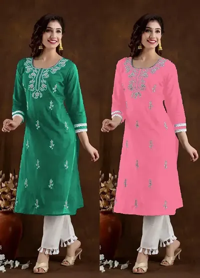 Stylish Cotton Blend Straight Embroidered Kurtis - Pack Of 2