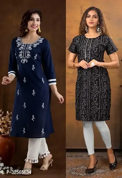 Stylish Multicoloured Cotton Blend Embroidered Kurta For Women Pack Of 2-thumb0