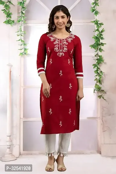 Elegant Cotton Blend Embroidered Kurta For Women-thumb0