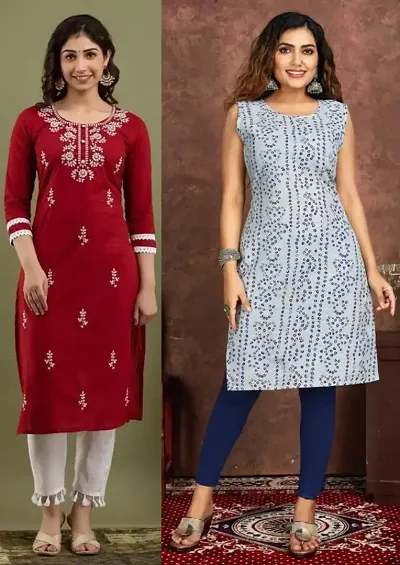 Stylish Crepe Embroidered Straight Kurtis - Pack Of 2