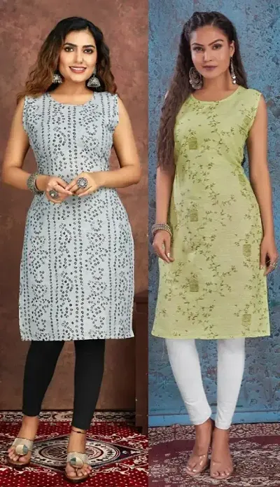 Stylish Cotton Blend Printed Straight Kurtis - Pack Of 2