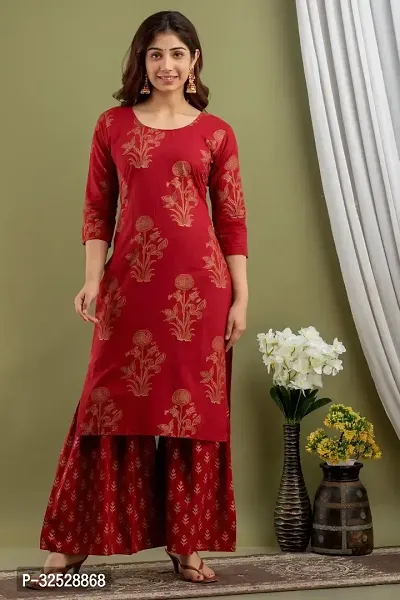 Stylish Red Cotton Blend Kurta Bottom Set For Women-thumb0