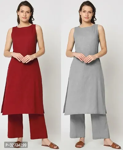 Fancy Cotton Solid Kurtas For Women Pack Of 2