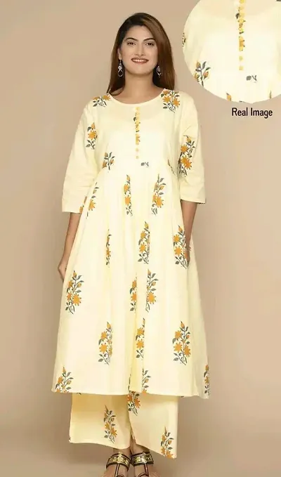 Stylish Cotton Blend Printed Flared Kurtis Bottom Set