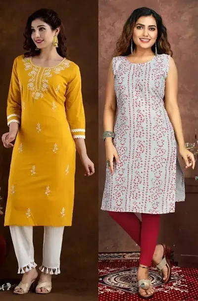 Stylish Cotton Blend Embroidered Straight Kurtis - Pack Of 2