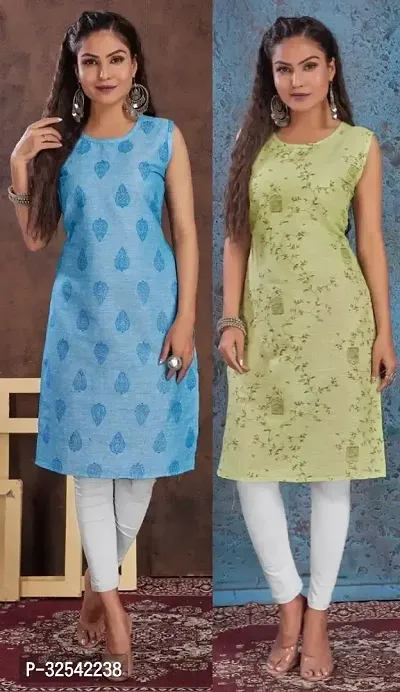 Elegant Cotton Blend Printed Kurta For Women- Pack Of 2-thumb0