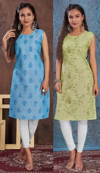 Stylish Cotton Blend Printed Straight Kurtis - Pack Of 2