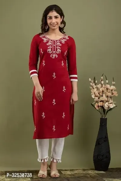 Stylish Red Cotton Blend Kurta For Women-thumb0