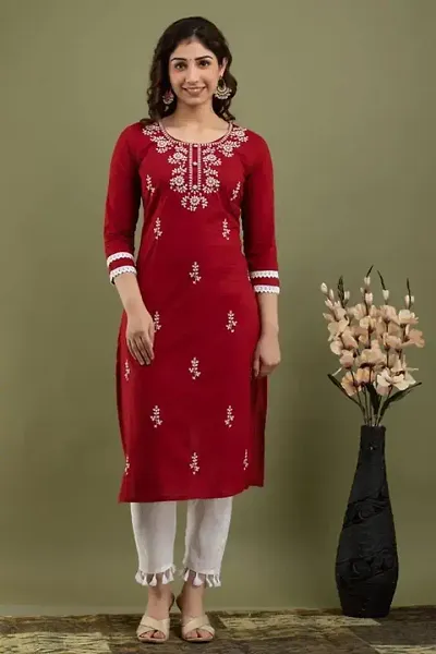 Stylish Cotton Blend Embroidered Straight Kurtis