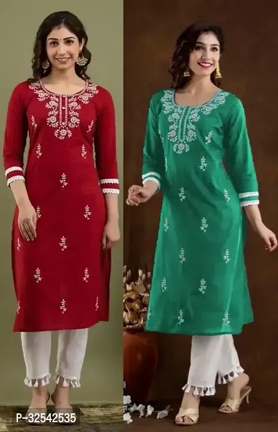 Elegant Cotton Blend Embroidered Kurta For Women- Pack Of 2-thumb0