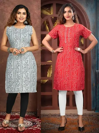 Stylish Cotton Blend Printed Straight Kurtis - Pack Of 2