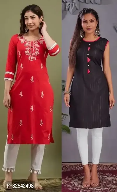 Elegant Cotton Blend Embroidered Kurta For Women- Pack Of 2-thumb0