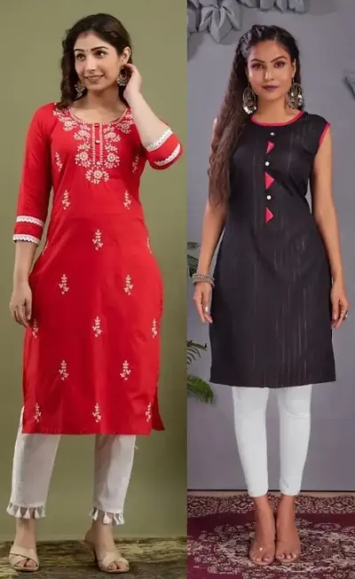 Stylish Crepe Embroidered Straight Kurtis - Pack Of 2