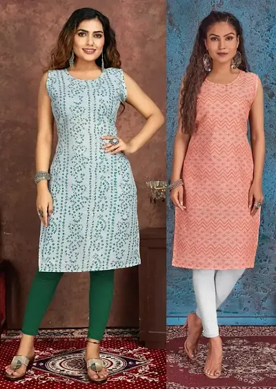 Stylish Cotton Blend Printed Straight Kurtis - Pack Of 2