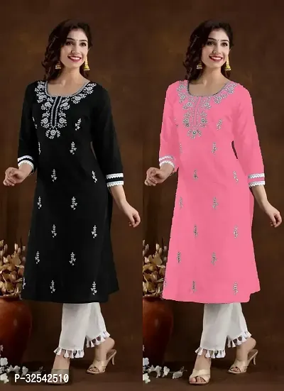 Elegant Cotton Blend Embroidered Kurta For Women- Pack Of 2-thumb0