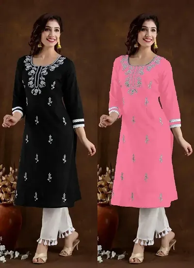 Stylish Cotton Blend Straight Embroidered Kurtis - Pack Of 2