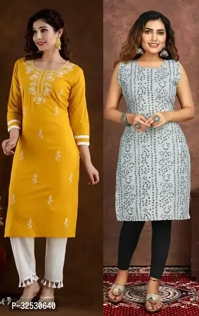 Stylish Multicoloured Cotton Blend Kurta For Women Combo Of 2-thumb0