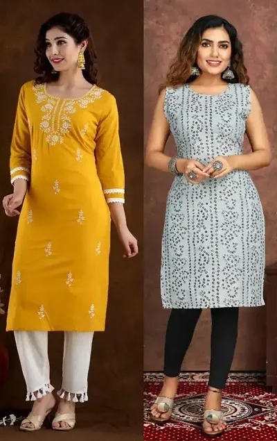 Stylish Cotton Blend Straight Embroidered Kurtis - Pack Of 2