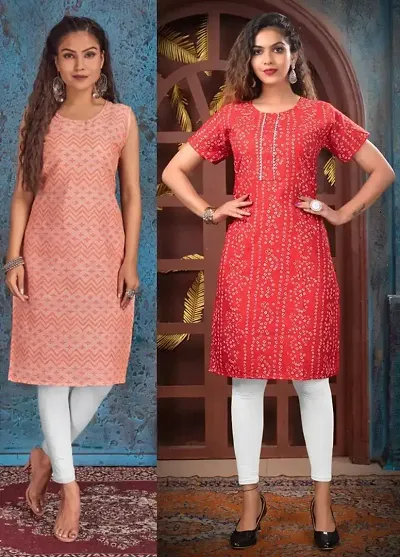 Stylish Cotton Blend Printed Straight Kurtis - Pack Of 2