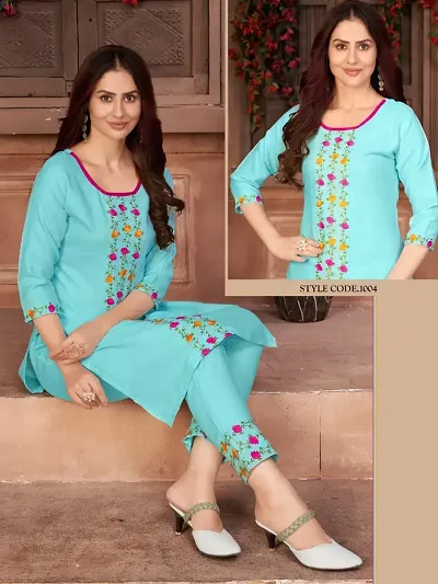 Stylish Rayon Slub Printed A-Line Kurtis with Bottom Set