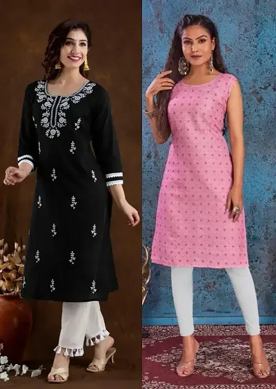 Stylish Cotton Blend Straight Embroidered Kurtis - Pack Of 2