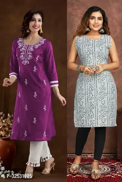 Stylish Multicoloured Cotton Blend Kurta For Women Combo Of 2-thumb0