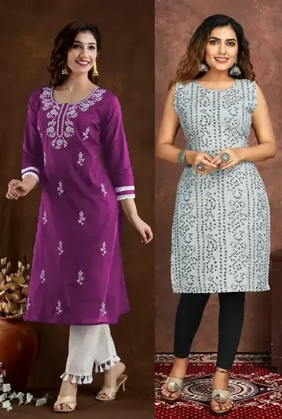 Stylish Cotton Blend Straight Embroidered Kurtis - Pack Of 2