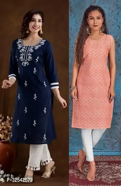 Elegant Cotton Blend Embroidered Kurta For Women- Pack Of 2