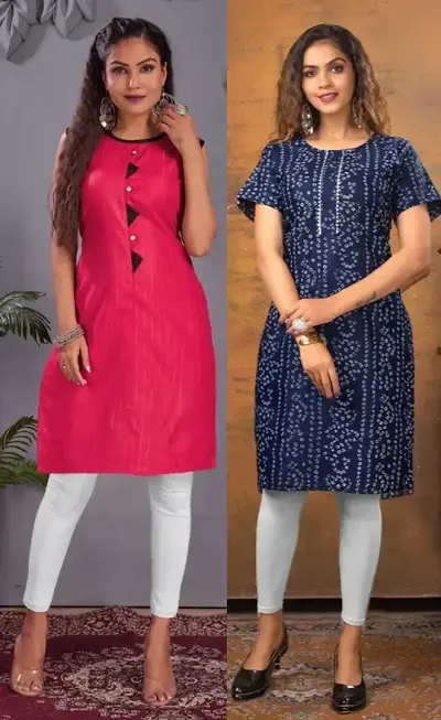 Stylish Cotton Blend Printed Straight Kurtis - Pack Of 2