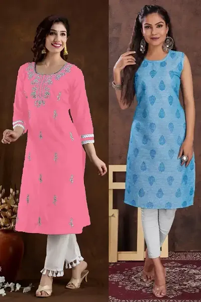 Stylish Cotton Blend Straight Embroidered Kurtis - Pack Of 2