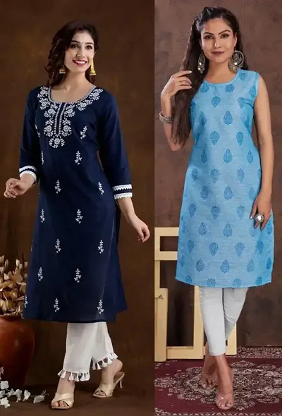 Stylish Cotton Blend Embroidered Straight Kurtis - Pack Of 2