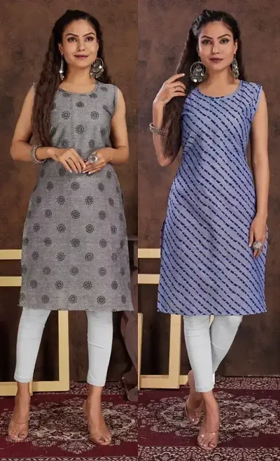 Stylish Cotton Blend Printed Straight Kurtis - Pack Of 2