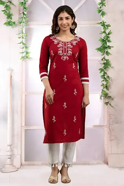 Stylish Cotton Blend Embroidered A-Line Kurtis