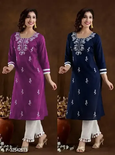 Elegant Cotton Blend Embroidered Kurta For Women- Pack Of 2-thumb0