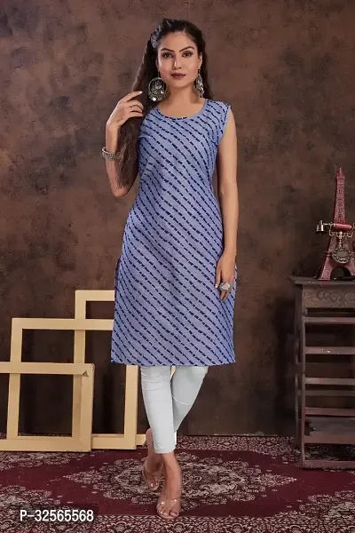 Stylish Blue Cotton Blend Printed Kurta For Women-thumb0