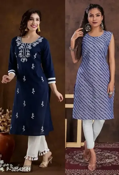 Elegant Cotton Blend Embroidered Kurta For Women- Pack Of 2