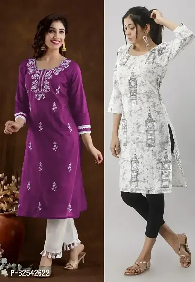 Elegant Cotton Blend Embroidered Kurta For Women- Pack Of 2-thumb0