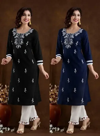 Stylish Cotton Blend Embroidered Straight Kurtis - Pack Of 2